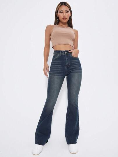 SHEIN EZwear بنطال جينز أزرق غسيل عالي الخصر واسع الساق