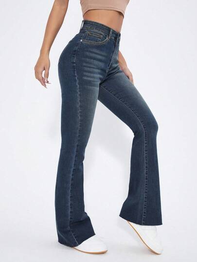 SHEIN EZwear بنطال جينز أزرق غسيل عالي الخصر واسع الساق