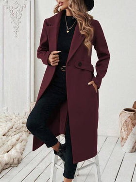 EMERY ROSE معطف أنيق بأكمام طويلة وحزام، ذو جيب وياقة مسطحة بلون أحادي