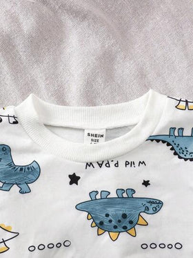 SHEIN Playful Pals مجموعة ملابس علوية بياقة مستديرة بطبعة ديناصور وبنطلون أخضر سادة مناسبة للأطفال الصبية، مناسبة للعب في الخارج والملابس الكاجوال والرياضية، للربيع والخريف