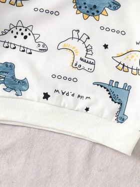 SHEIN Playful Pals مجموعة ملابس علوية بياقة مستديرة بطبعة ديناصور وبنطلون أخضر سادة مناسبة للأطفال الصبية، مناسبة للعب في الخارج والملابس الكاجوال والرياضية، للربيع والخريف