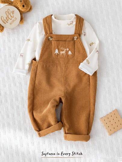 Cozy Pixies مجموعة ملابس علوية بياقة طاقم طويل الأكمام وبنطال ساروج بني للأطفال الصبيان بطبعة كرتونية لرنة الأيل، قطعتان