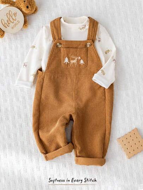 Cozy Pixies مجموعة ملابس علوية بياقة طاقم طويل الأكمام وبنطال ساروج بني للأطفال الصبيان بطبعة كرتونية لرنة الأيل، قطعتان