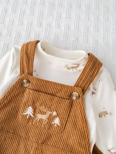 Cozy Pixies مجموعة ملابس علوية بياقة طاقم طويل الأكمام وبنطال ساروج بني للأطفال الصبيان بطبعة كرتونية لرنة الأيل، قطعتان