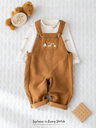 Cozy Pixies مجموعة ملابس علوية بياقة طاقم طويل الأكمام وبنطال ساروج بني للأطفال الصبيان بطبعة كرتونية لرنة الأيل، قطعتان