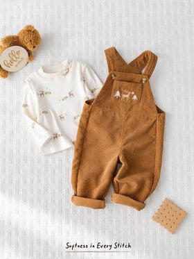 Cozy Pixies مجموعة ملابس علوية بياقة طاقم طويل الأكمام وبنطال ساروج بني للأطفال الصبيان بطبعة كرتونية لرنة الأيل، قطعتان