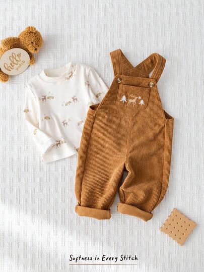 Cozy Pixies مجموعة ملابس علوية بياقة طاقم طويل الأكمام وبنطال ساروج بني للأطفال الصبيان بطبعة كرتونية لرنة الأيل، قطعتان