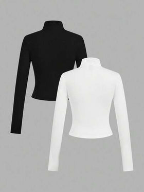SHEIN EZwear قطعتان من ملابس اليوغا والياقة البدنية المرنة المصممة بشكل مثالي باللونين الأبيض والأسود، تي شيرت بأكمام طويلة مزين بطباعة حرفية أنيقة مناسبة للخريف والشتاء
