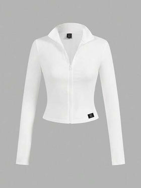 SHEIN EZwear قطعتان من ملابس اليوغا والياقة البدنية المرنة المصممة بشكل مثالي باللونين الأبيض والأسود، تي شيرت بأكمام طويلة مزين بطباعة حرفية أنيقة مناسبة للخريف والشتاء