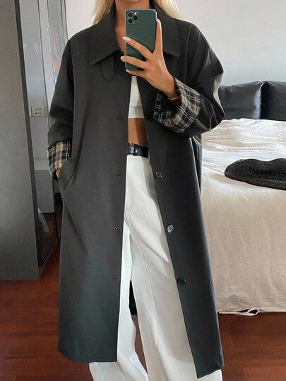 DAZY معطف كاجوال طويل الأكمام بياقة منحرفة وأساور للنساء في فصلي الخريف والشتاء، بتصميم مربعات ملائم للشارع