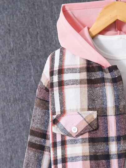SHEIN مجموعة بقطعتين لفتيات المراهقات، جاكيت قميص مقلم مزودة بقلنسوة وبنطال مقلم مربوط بحبل للخصر، كاجوال وأنيق للارتداء اليومي، مناسب لبداية الخريف