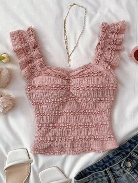SHEIN بلوزة أبيض مع أكمام قصيرة مزين بالدانتيل، ملابس علوية مناسبة لشرب الشاي بعد الظهر أو للعطلة على الشاطئ