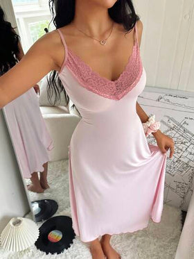 SHEIN فستان نوم طويل للنساء مريح وناعم مزين بالدانتيل