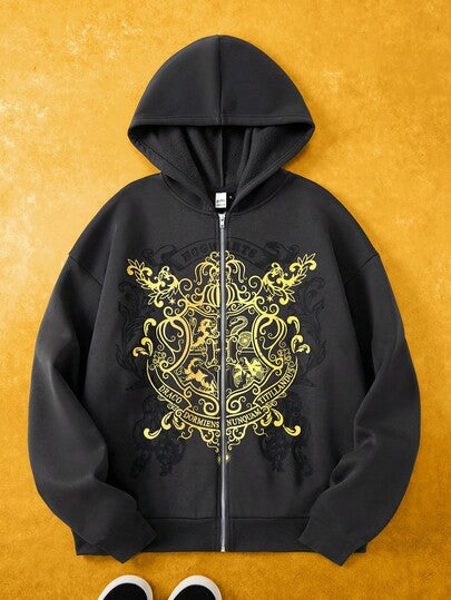 HARRY POTTER X SHEIN جاكيت رجالي كاجوال بسحاب وغطاء للرأس، طباعة جرافيك، أكمام طويلة، لون أسود، جاكيت جرافيك للخريف