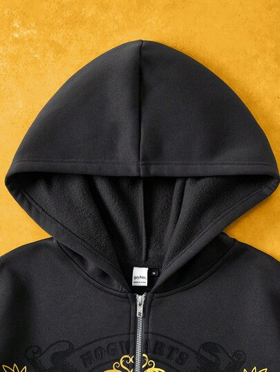 HARRY POTTER X SHEIN جاكيت رجالي كاجوال بسحاب وغطاء للرأس، طباعة جرافيك، أكمام طويلة، لون أسود، جاكيت جرافيك للخريف