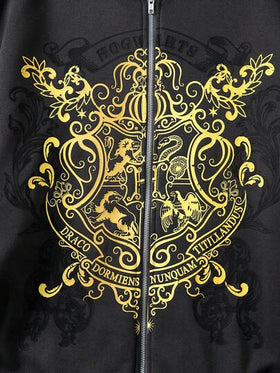HARRY POTTER X SHEIN جاكيت رجالي كاجوال بسحاب وغطاء للرأس، طباعة جرافيك، أكمام طويلة، لون أسود، جاكيت جرافيك للخريف