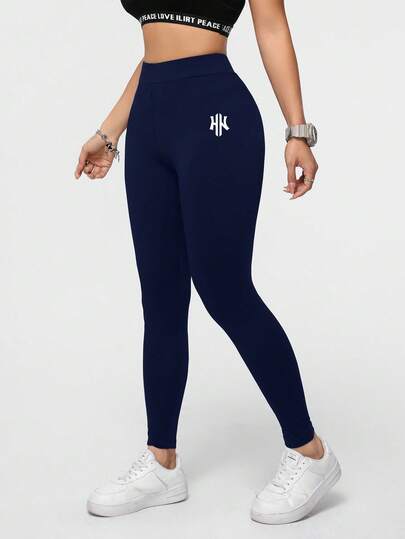SHEIN Essnce سروال رياضي كاجوال طويل للنساء بتصميم رسومي بشعار حرفي، مناسب للصيف والموسم الرياضي