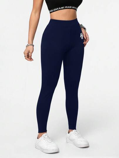SHEIN Essnce سروال رياضي كاجوال طويل للنساء بتصميم رسومي بشعار حرفي، مناسب للصيف والموسم الرياضي