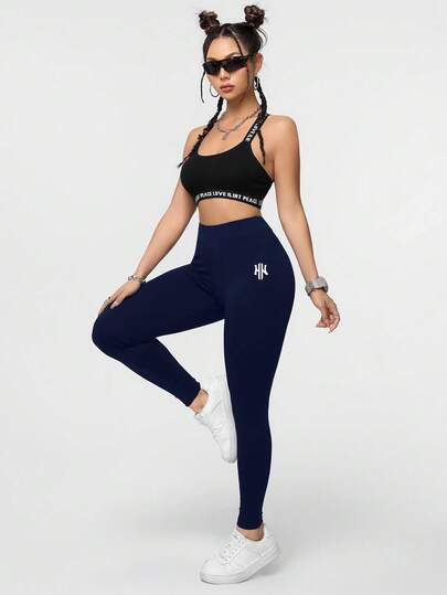 SHEIN Essnce سروال رياضي كاجوال طويل للنساء بتصميم رسومي بشعار حرفي، مناسب للصيف والموسم الرياضي