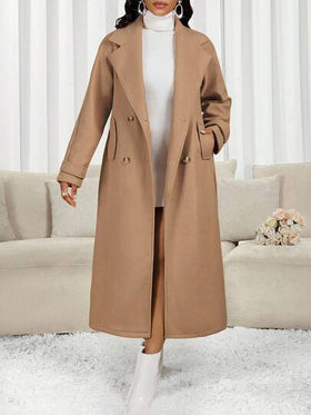 SHEIN Lady معطف صوفي طويل كاجوال ذو ياقة واسعة وأكمام طويلة مزدوج الصدر، لون أحادي، للخريف/الشتاء