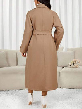 SHEIN Lady معطف صوفي طويل كاجوال ذو ياقة واسعة وأكمام طويلة مزدوج الصدر، لون أحادي، للخريف/الشتاء