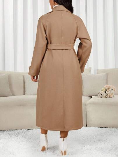 SHEIN Lady معطف صوفي طويل كاجوال ذو ياقة واسعة وأكمام طويلة مزدوج الصدر، لون أحادي، للخريف/الشتاء