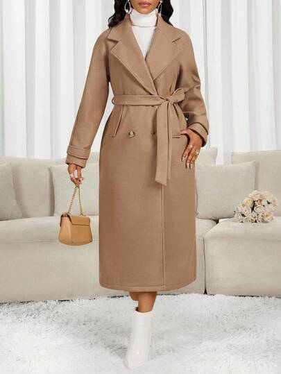 SHEIN Lady معطف صوفي طويل كاجوال ذو ياقة واسعة وأكمام طويلة مزدوج الصدر، لون أحادي، للخريف/الشتاء