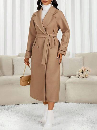 SHEIN Lady معطف صوفي طويل كاجوال ذو ياقة واسعة وأكمام طويلة مزدوج الصدر، لون أحادي، للخريف/الشتاء