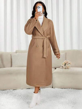 SHEIN Lady معطف صوفي طويل كاجوال ذو ياقة واسعة وأكمام طويلة مزدوج الصدر، لون أحادي، للخريف/الشتاء