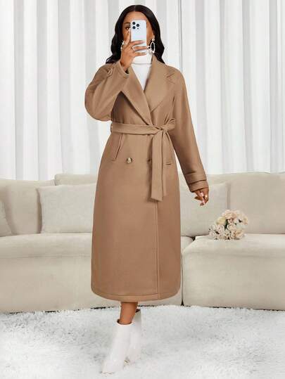 SHEIN Lady معطف صوفي طويل كاجوال ذو ياقة واسعة وأكمام طويلة مزدوج الصدر، لون أحادي، للخريف/الشتاء
