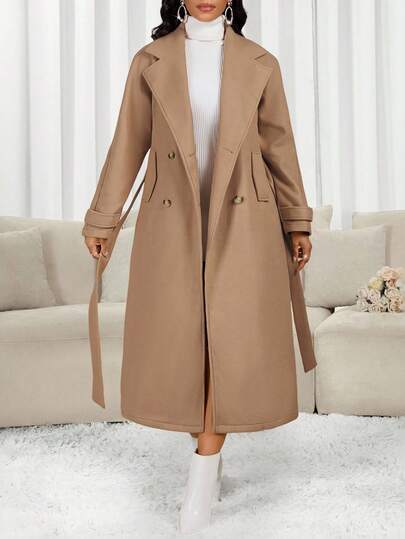 SHEIN Lady معطف صوفي طويل كاجوال ذو ياقة واسعة وأكمام طويلة مزدوج الصدر، لون أحادي، للخريف/الشتاء