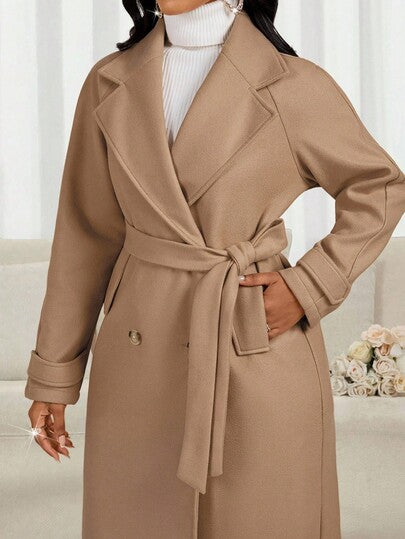 SHEIN Lady معطف صوفي طويل كاجوال ذو ياقة واسعة وأكمام طويلة مزدوج الصدر، لون أحادي، للخريف/الشتاء
