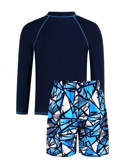 SHEIN طقم ملابس سباحة مكون من بلوزة حراسة بأكمام طويلة وشورت شاطئ للمراهقين الذكور، ب-أسلوب رياضي عصري وجذاب، مناسب للإجازات