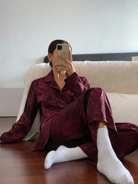 DAZY طقم بيجامة ساتان بنمط قصبي صيني، ملابس خريف وشتاء رمضان