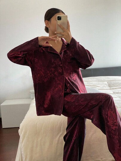 DAZY طقم بيجامة ساتان بنمط قصبي صيني، ملابس خريف وشتاء رمضان