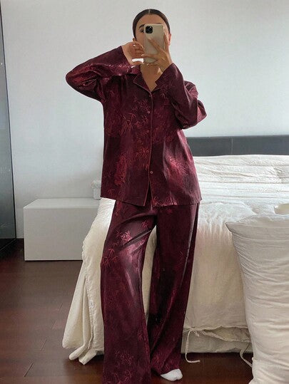 DAZY طقم بيجامة ساتان بنمط قصبي صيني، ملابس خريف وشتاء رمضان