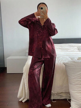 DAZY طقم بيجامة ساتان بنمط قصبي صيني، ملابس خريف وشتاء رمضان