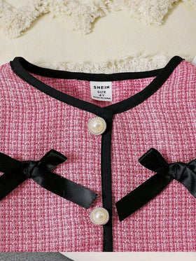 Elladie kids مجموعة فتاة صغيرة مكونة من 2 قطعة: جاكيت بأكمام طويلة مطبوع بنمط المربعات مع أزرار اللؤلؤ وزخرفة الفيونكة، مقترنة بتنورة وردية مطوية، مناسبة للحفلات وأعياد الميلاد والأسلوب الأميري، للربيع والخريف