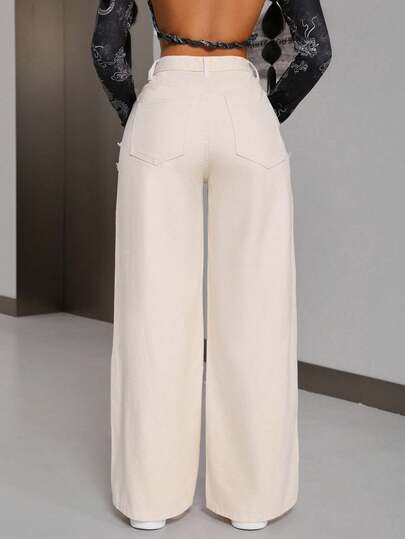 SHEIN Tall البناطيل الجينز السائبة للنساء ذات الجيوب والحواف المحلولة والساقين واسعة، مرنة للاستخدام اليومي