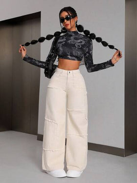 SHEIN Tall البناطيل الجينز السائبة للنساء ذات الجيوب والحواف المحلولة والساقين واسعة، مرنة للاستخدام اليومي