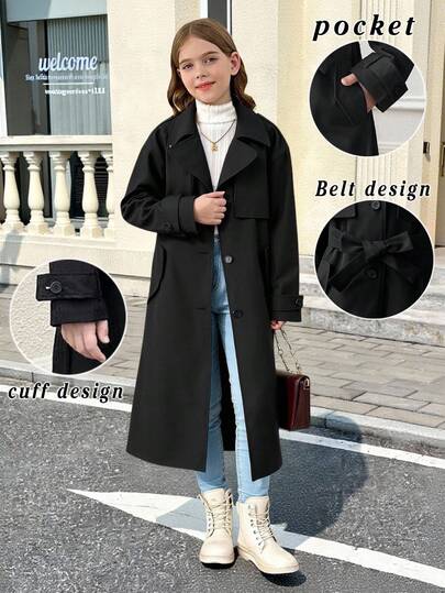 SHEIN Serisse Kids معطف طويل فضفاض مزين بوشاح وجيب وربطة عنق للفتيات المراهقات، بأسلوب عسكري كاجوال، مناسب للتنقل والأنشطة الخارجية، للعودة إلى المدرسة، ملابس متطابقة للأم والابنة