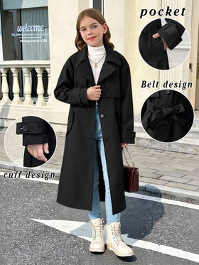 SHEIN Serisse Kids معطف طويل فضفاض مزين بوشاح وجيب وربطة عنق للفتيات المراهقات، بأسلوب عسكري كاجوال، مناسب للتنقل والأنشطة الخارجية، للعودة إلى المدرسة، ملابس متطابقة للأم والابنة