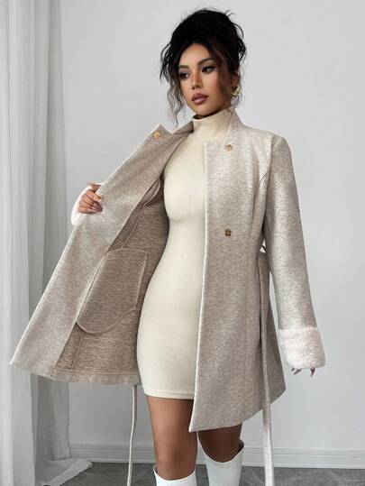 Rafferiza معطف نسائي فضفاض بطراز فرنسي عصري، مزين بفرو مزيف قابل للإزالة، ذو إغلاق مزدوج وخصر مربوط، بلون خاكي، مناسب للخريف والشتاء