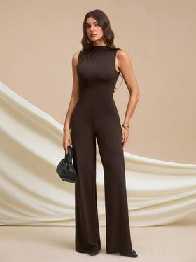 SHEIN Tall جمبسوت أنيقة بدون أكمام مطوية، لون أسود ثابت، جذاب وأنيق، مناسب للارتداء اليومي، المواعيد، الخروجات، الحفلات، ملابس الخروج، جمبسوت ساق واسعة غير متماثلة، مناسبة لعيد الحب، الارتداء اليومي، مقاس طويل