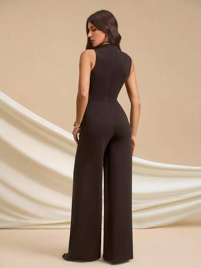 SHEIN Tall جمبسوت أنيقة بدون أكمام مطوية، لون أسود ثابت، جذاب وأنيق، مناسب للارتداء اليومي، المواعيد، الخروجات، الحفلات، ملابس الخروج، جمبسوت ساق واسعة غير متماثلة، مناسبة لعيد الحب، الارتداء اليومي، مقاس طويل