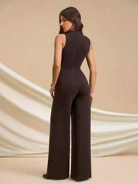 SHEIN Tall جمبسوت أنيقة بدون أكمام مطوية، لون أسود ثابت، جذاب وأنيق، مناسب للارتداء اليومي، المواعيد، الخروجات، الحفلات، ملابس الخروج، جمبسوت ساق واسعة غير متماثلة، مناسبة لعيد الحب، الارتداء اليومي، مقاس طويل