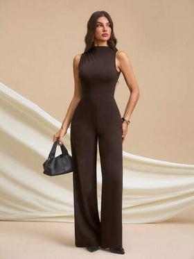 SHEIN Tall جمبسوت أنيقة بدون أكمام مطوية، لون أسود ثابت، جذاب وأنيق، مناسب للارتداء اليومي، المواعيد، الخروجات، الحفلات، ملابس الخروج، جمبسوت ساق واسعة غير متماثلة، مناسبة لعيد الحب، الارتداء اليومي، مقاس طويل