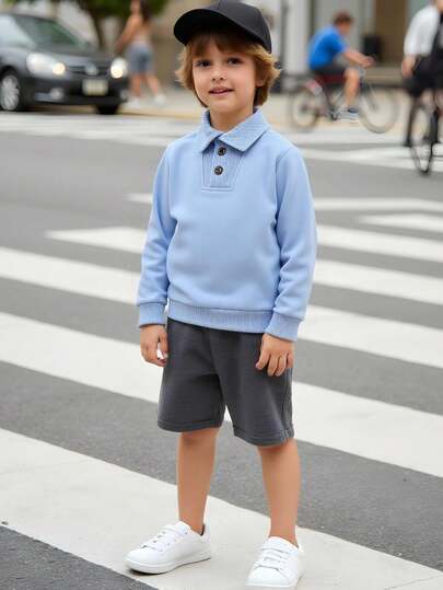 SHEIN Genkimix Kids ملابس علوية كاجوال أساسية طويلة الأكمام بأزرار أمامية للأولاد