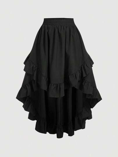 SHEIN MOD تنورة سوداء بكشكشة على الحافة، تنورة سوداء كلاسيكية على شكل حرف A متعددة الطبقات