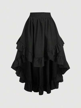 SHEIN MOD تنورة سوداء بكشكشة على الحافة، تنورة سوداء كلاسيكية على شكل حرف A متعددة الطبقات